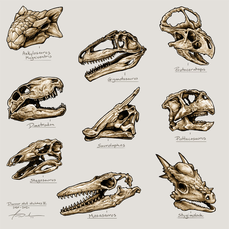 Saurolophus, Protoceratops, Stegosaurus, Dimetrodon, Giganotosaurus, Ankylosaurus Magniventris, Mosasaurus, Psittacosaurus, Stygimoloch